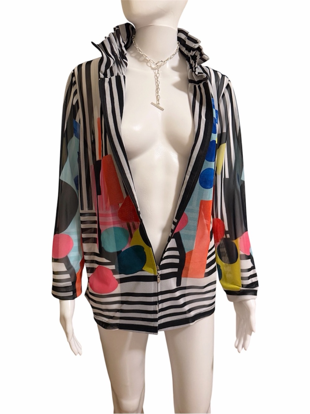 Damee NY Mesh Wearable Art Multi Color Abstract Geometric Zip Jacket 4955-MLT